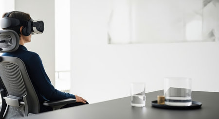Woman wearing a VR headset sits in a modern office chair, immersed in a virtual reality experience. Minimalist setting with water glasses on a black table.の素材