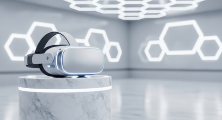 A sleek VR headset rests on a marble pedestal, bathed in soft light within a futuristic, minimalist environment.の素材