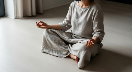 A woman in loose grey clothing and a VR headset sits cross-legged on a light wood floor, meditating with hands in Gyan Mudra, creating a peaceful, tech-integrated mindfulness scene.の素材