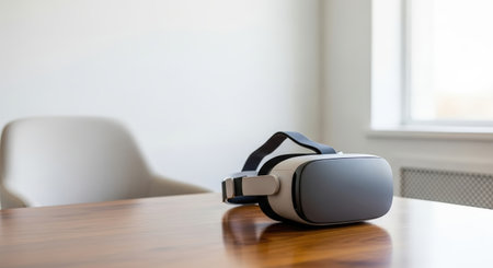 A sleek VR headset rests on a polished wooden table in a bright, minimalist interior.の素材
