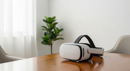 A sleek, white VR headset rests on a polished wooden table in a minimalist, well-lit interior. A green plant and a chair are in the background.の素材