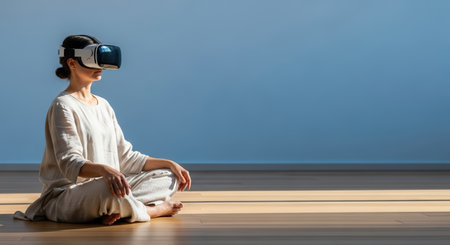 A woman in linen clothing meditates in lotus position, wearing a VR headset in a sunlit room with a blue wall, blending technology with mindfulness.の素材