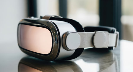 A modern VR headset rests on a glossy, reflective surface, likely a table. The close-up shot highlights the device's sleek design, with a focus on the lenses and strap.の素材