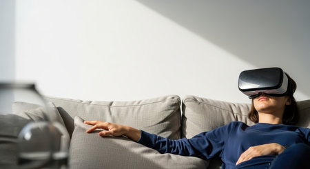 A woman wearing a VR headset reclines on a grey sofa, bathed in sunlight. She explores virtual worlds, her hand resting on a pillow, in a modern, minimalist setting.の素材