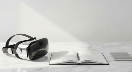 A modern VR headset sits beside an open notebook with a pen, and a closed book on a marble surface. The minimalist composition is bathed in soft, natural light, creating a clean and serene atmosphere.の素材