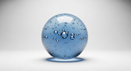 A captivating image of a blue glass sphere, filled with numerous air bubbles, resting on a white surface. Soft lighting creates a subtle shadow, enhancing the sphere's transparency.の素材