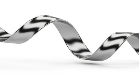 Abstract 3D render of a shiny silver ribbon twisting and turning against a clean white background. The metallic surface reflects light, creating a modern, minimalist aesthetic.の素材