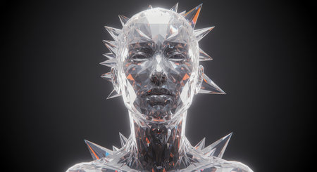 A 3D render of a crystal humanoid figure with sharp spikes, set against a dark background, creating a futuristic, abstract, and slightly unsettling visual.の素材