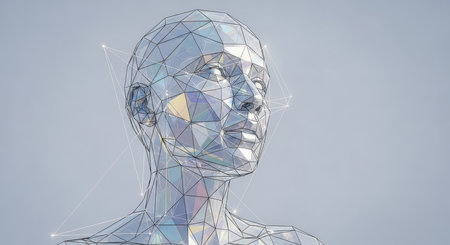 Low-angle shot of a geometric, polished humanoid figure. Faceted design with light beams emanating from points. Pale background enhances the futuristic, abstract concept.の素材