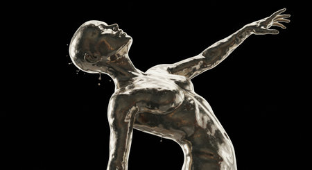 A chrome-like female figure, head tilted back, arm outstretched, isolated on black. Water droplets cling to her skin, creating a sense of movement and fluidity.の素材