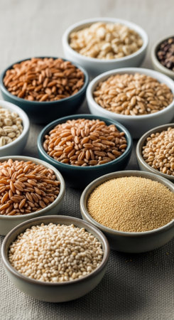 A close-up shot showcases various grains and seeds arranged in small bowls, highlighting the diversity of healthy eating options. The composition emphasizes texture and color variations.の素材