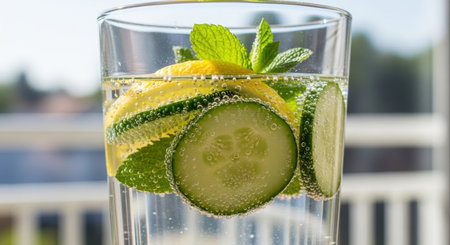 Close-up of a glass filled with detox water, featuring cucumber slices, lemon wedges, and fresh mint leaves, all surrounded by sparkling bubbles, creating a refreshing and healthy drink.の素材