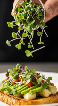 A hand pours fresh microgreens onto avocado toast with tomatoes and mozzarella, creating a dynamic food scene against a dark backdrop, highlighting freshness and culinary artistry.の素材