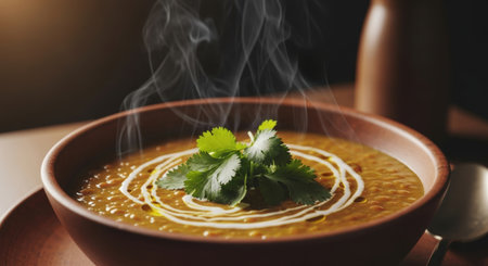 A close-up of steaming lentil soup in a wooden bowl, garnished with fresh cilantro and a swirl of cream, creating a warm and inviting culinary scene.の素材