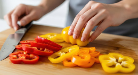 Close-up of hands slicing colorful bell peppers on a wooden cutting board, showcasing culinary preparation and fresh ingredients in a bright, inviting kitchen setting.の素材