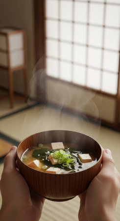 A steaming bowl of miso soup, garnished with tofu and scallions, is held by hands in a traditional Japanese room with shoji screens.の素材