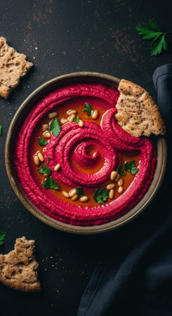 Overhead shot of a bowl of vibrant beetroot hummus, swirled and garnished with pine nuts and fresh parsley. A piece of bread is dipped into the hummus. The dark background enhances the colors.の素材