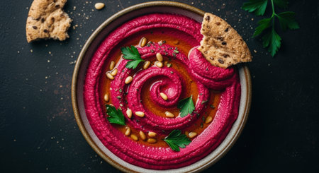 Overhead shot of a bowl filled with bright pink beet hummus, garnished with pine nuts and parsley, served with crackers on a dark background.の素材