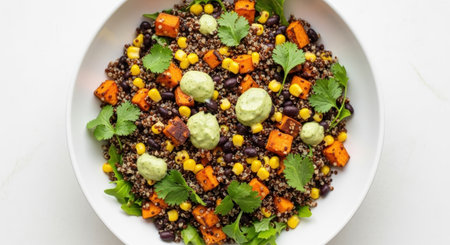 A colorful and nutritious quinoa bowl featuring roasted sweet potato cubes, corn kernels, black beans, and fresh cilantro, topped with a creamy avocado dressing.の素材
