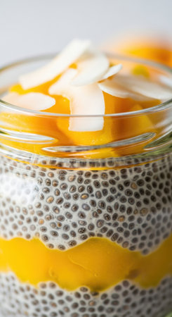 Close-up of a layered mango chia seed pudding parfait in a glass jar, topped with almond flakes. The dessert showcases vibrant colors and textures, perfect for a healthy treat.の素材