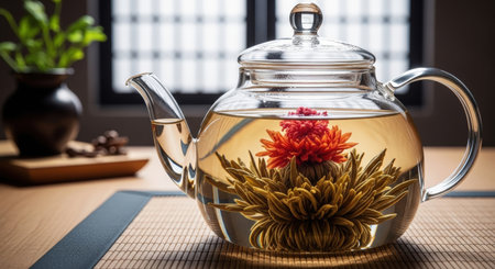 A stunning close-up of a glass teapot showcasing a blooming tea flower. The tea is infused with a vibrant red and yellow flower, creating a visually appealing and serene composition.の素材