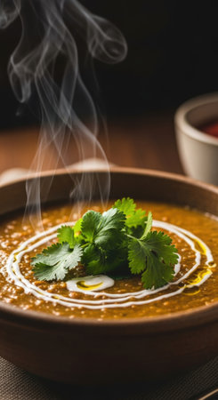 A close-up shot of a steaming bowl of lentil soup, garnished with fresh cilantro and swirls of cream, presented in a rustic bowl on a textured surface.の素材
