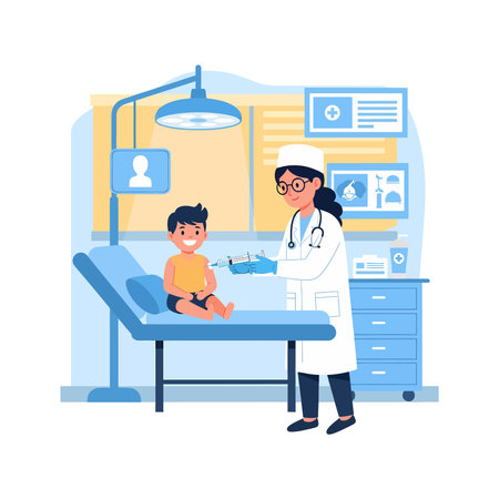 Cartoon illustration of a doctor in white coat giving a vaccine shot to a smiling boy sitting on a blue examination table.のイラスト素材