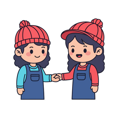 Two cartoon girls, one with a beanie, the other with a cap, shaking hands, wearing overalls, with black outlined features and vibrant colors.のイラスト素材