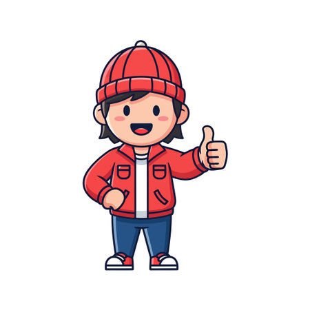 Cheerful cartoon boy with a red jacket, beanie, and blue jeans, giving a thumbs-up gesture with a happy expression.のイラスト素材