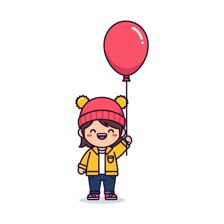 Cute cartoon girl holding a red balloon, wearing a red pom-pom hat, yellow jacket, blue jeans, and red shoes, smiling happily.のイラスト素材