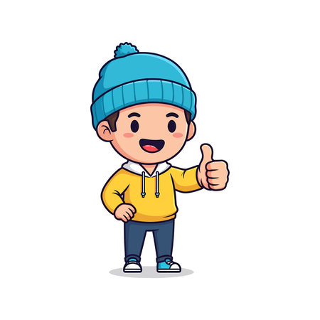 A cartoon boy with a blue beanie, yellow hoodie, and blue jeans, giving a thumbs-up gesture with a happy expression.のイラスト素材