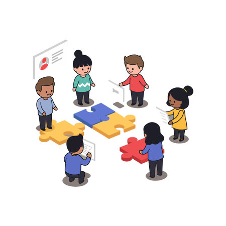 Cartoon figures interacting with puzzle pieces, representing teamwork and collaboration. The figures are diverse, with different clothing colors.のイラスト素材