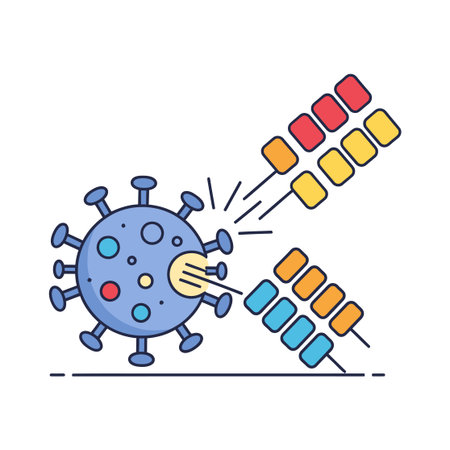 A cartoon illustration depicting a virus being attacked by antibodies. The virus is blue with spikes, and the antibodies are colorful.のイラスト素材