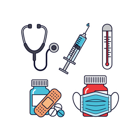 A collection of medical icons including a stethoscope, syringe with blue liquid, thermometer, pills, bandage, and a face mask on a red pill bottle.のイラスト素材