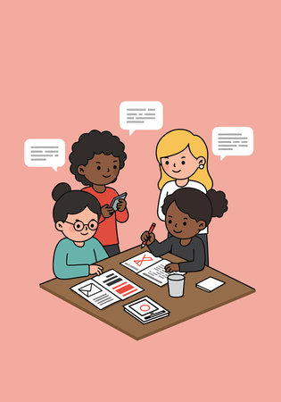 Cartoon illustration of four diverse women collaborating at a table, reviewing documents, using a phone, and discussing ideas with speech bubbles.のイラスト素材