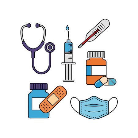 A collection of medical icons including a stethoscope, syringe, thermometer, pill bottles, bandage, and face mask, depicted in a simple, line-art style.のイラスト素材