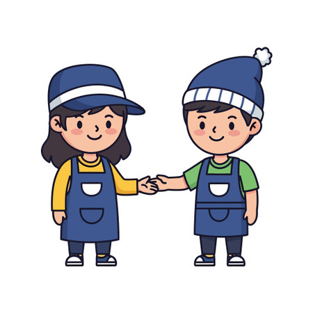 Two cartoon characters, one wearing a cap and the other a beanie, shake hands. Both wear blue aprons and are smiling. One has a yellow shirt, the other a green one.のイラスト素材