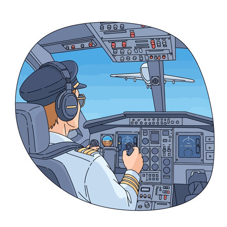 A cartoon illustration of a pilot inside an airplane cockpit, wearing a headset and uniform, looking at another airplane.のイラスト素材