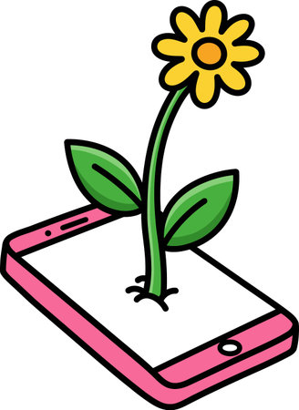 Cartoon flower with yellow petals and orange center, green stem and leaves, growing from a pink smartphone with a white screen.のイラスト素材
