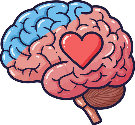 A cartoon illustration of a brain with a red heart shape embedded within, showcasing love and emotion.のイラスト素材