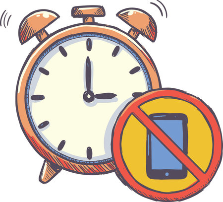 Hand-drawn style illustration of a ringing orange alarm clock with a 'no cellphone' sign, indicating a disconnection or digital detox.のイラスト素材