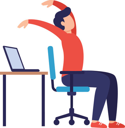 A person in a red shirt and blue pants stretches arms up while seated on a chair. The person is next to a desk with a laptop.のイラスト素材