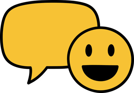 A yellow smiling emoji with a wide open mouth and a speech bubble, both outlined in black.のイラスト素材