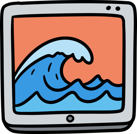 A cartoon-style tablet displays a blue ocean wave illustration against an orange background. The wave is stylized with black outlines.のイラスト素材