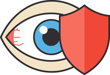 A cartoon eye with a blue iris, white highlight, and red veins, protected by a red shield. The image is a flat design.のイラスト素材