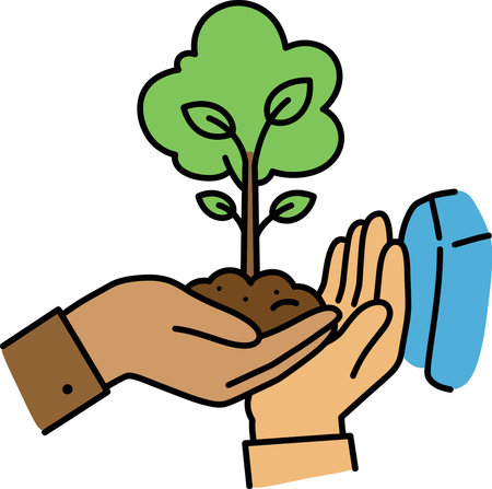 Two hands holding soil with a small tree sprout, a water droplet is falling on the plant, illustration with black outline.のイラスト素材