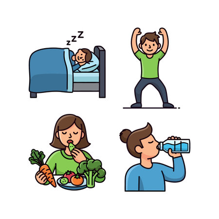 Four icons showing a person sleeping in bed, exercising, eating vegetables from a plate, and drinking water from a bottle.のイラスト素材
