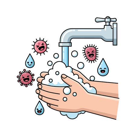 Cartoon illustration depicts hands covered in soap suds under a faucet, promoting handwashing. The hands are light-skinned, and the soap is white.のイラスト素材