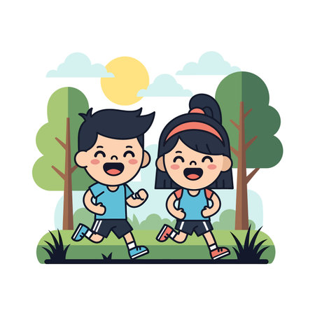 Two cheerful cartoon children, boy and girl, running in a park setting, wearing light blue shirts and dark shorts, with light blue shoes.のイラスト素材