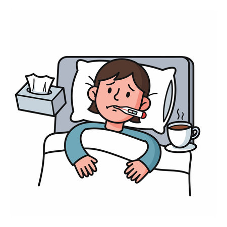 Cartoon illustration of a person lying in bed, looking unwell, holding a thermometer in their mouth, with tissues and a cup of coffee nearby.のイラスト素材